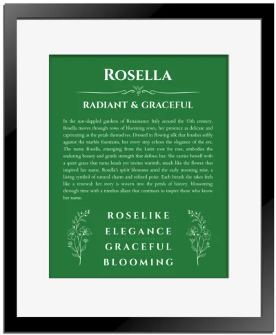 Rosella custom name print for wall display in dark green with black matte frame