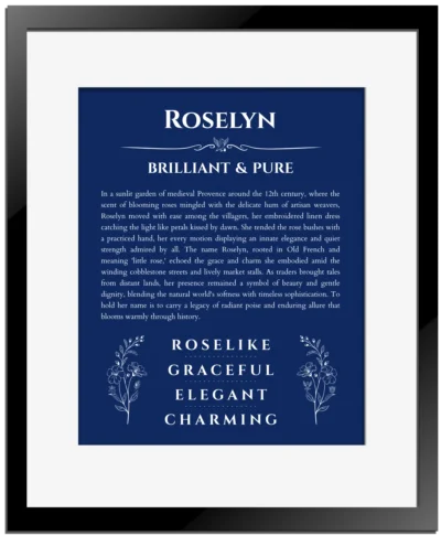 Roselyn name meaning wall art by Get Your Story in deep blue with black matte frame