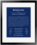 Roselynn personalized name art with origin story in deep blue with black matte frame