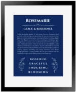 Rosemarie name meaning wall art by Get Your Story in deep blue with black matte frame
