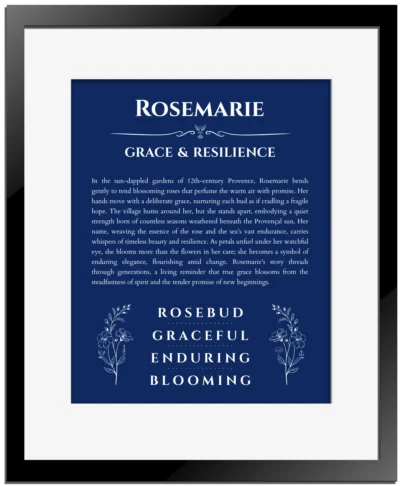 Rosemarie name meaning wall art by Get Your Story in deep blue with black matte frame