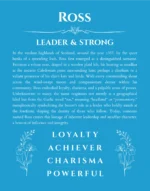 Ross personalized name print with origin and traits in blue
