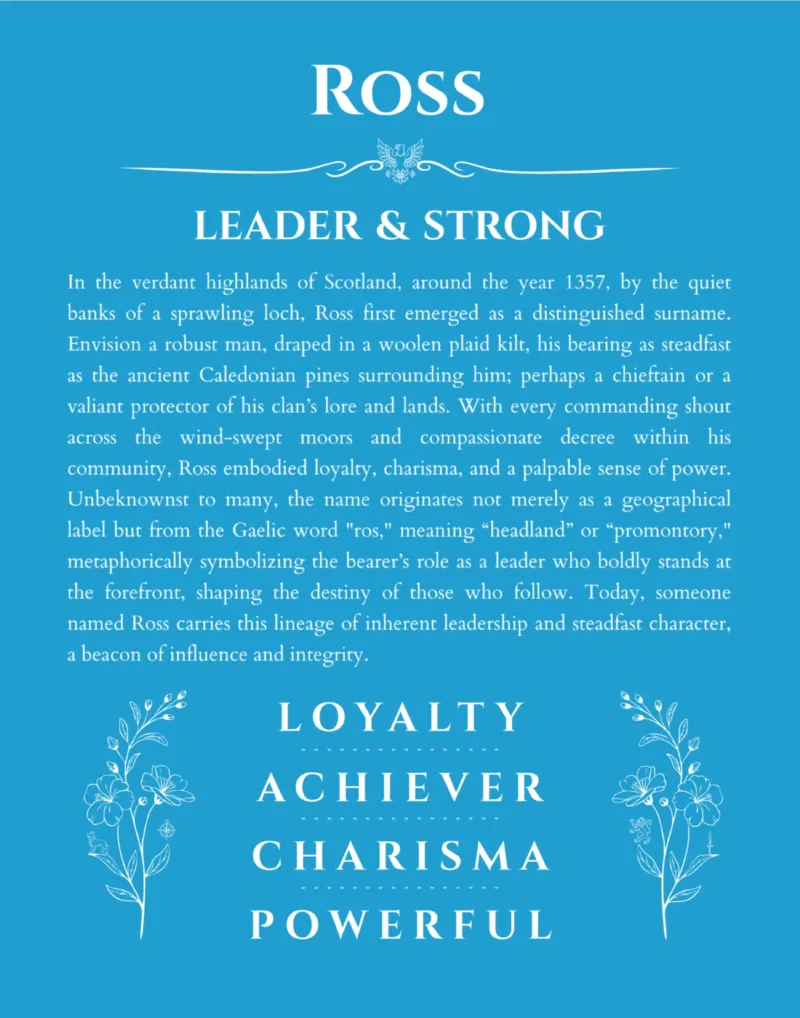 Ross personalized name print with origin and traits in blue