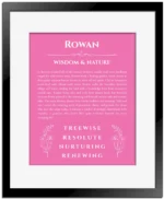 Rowan name meaning gift print in pink with black matte frame