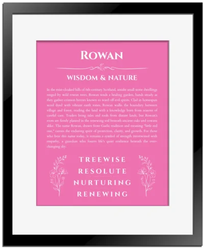 Rowan name meaning gift print in pink with black matte frame