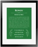 Rowdy custom name meaning print in dark green with black matte frame