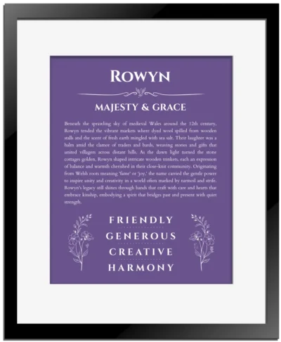 Rowyn name meaning wall art by Get Your Story in purple with black matte frame