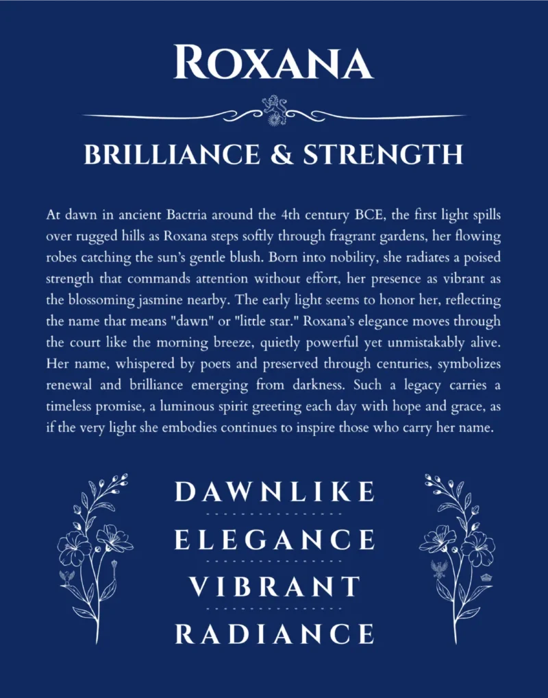 Roxana personalized name print with origin and traits in deep blue