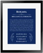 Roxana personalized name print with origin and traits in deep blue with black matte frame