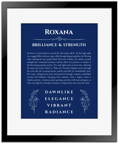 Roxana personalized name print with origin and traits in deep blue with black matte frame