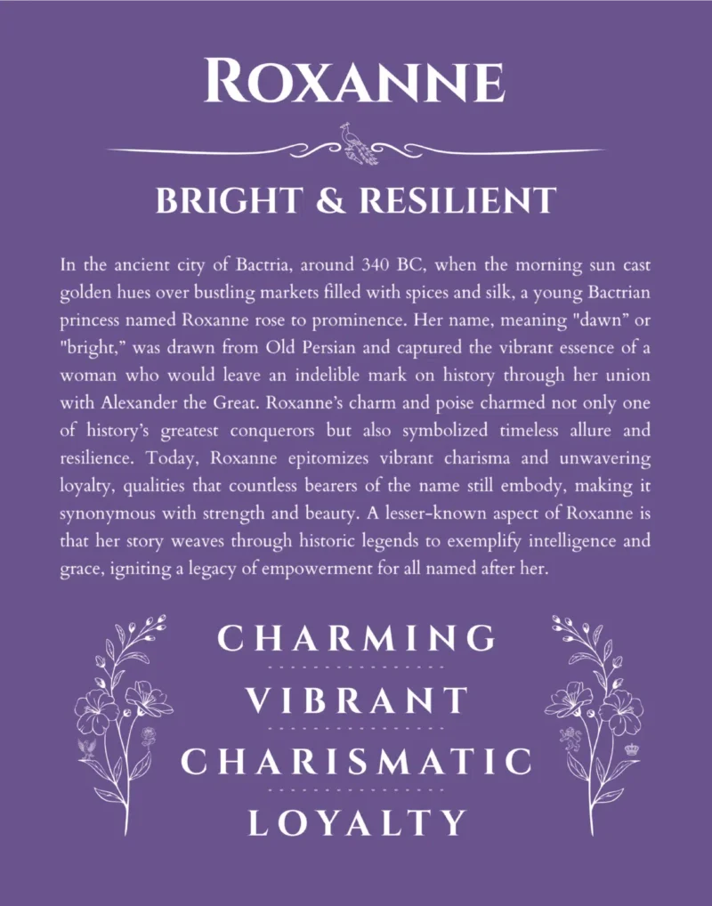 Roxanne name meaning gift print in purple