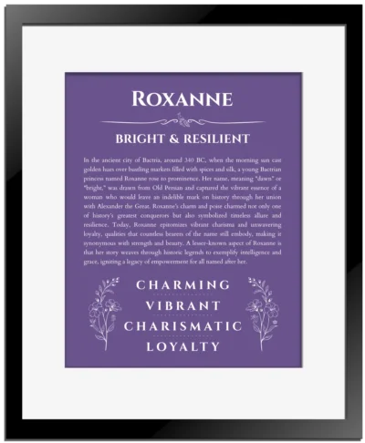 Roxanne name meaning gift print in purple with black matte frame