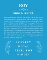 Roy name origin print with meaning and traits in blue