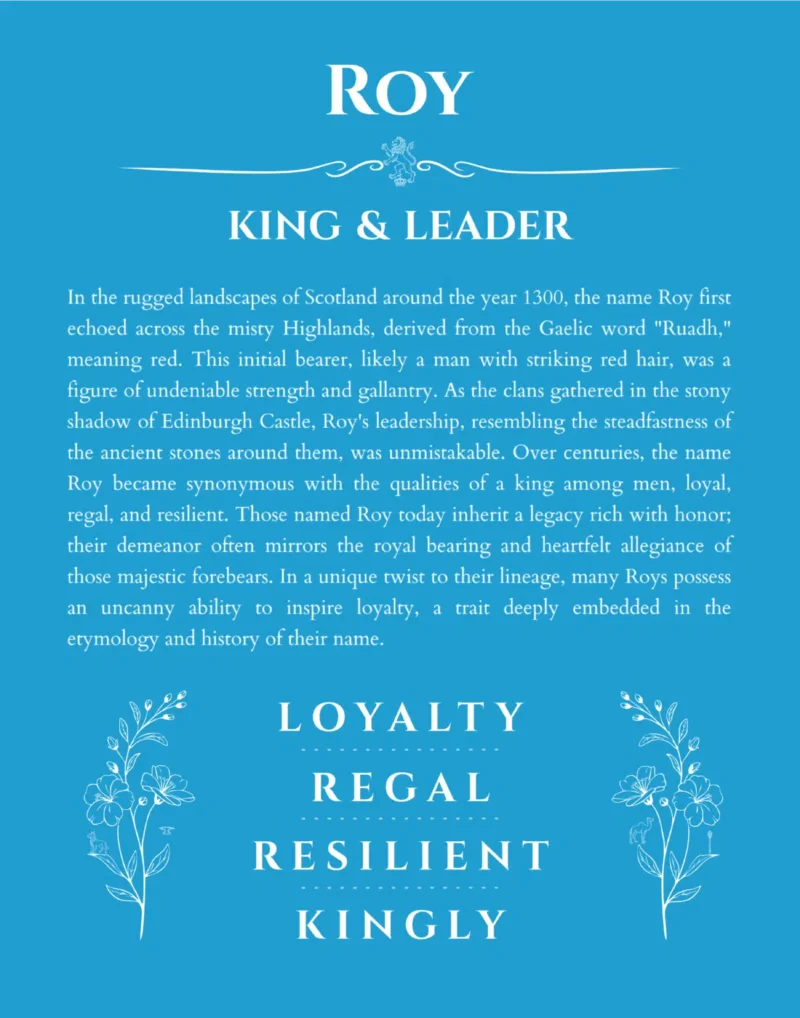 Roy name origin print with meaning and traits in blue