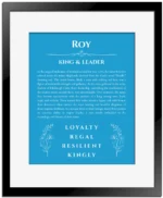 Roy name origin print with meaning and traits in blue with black matte frame