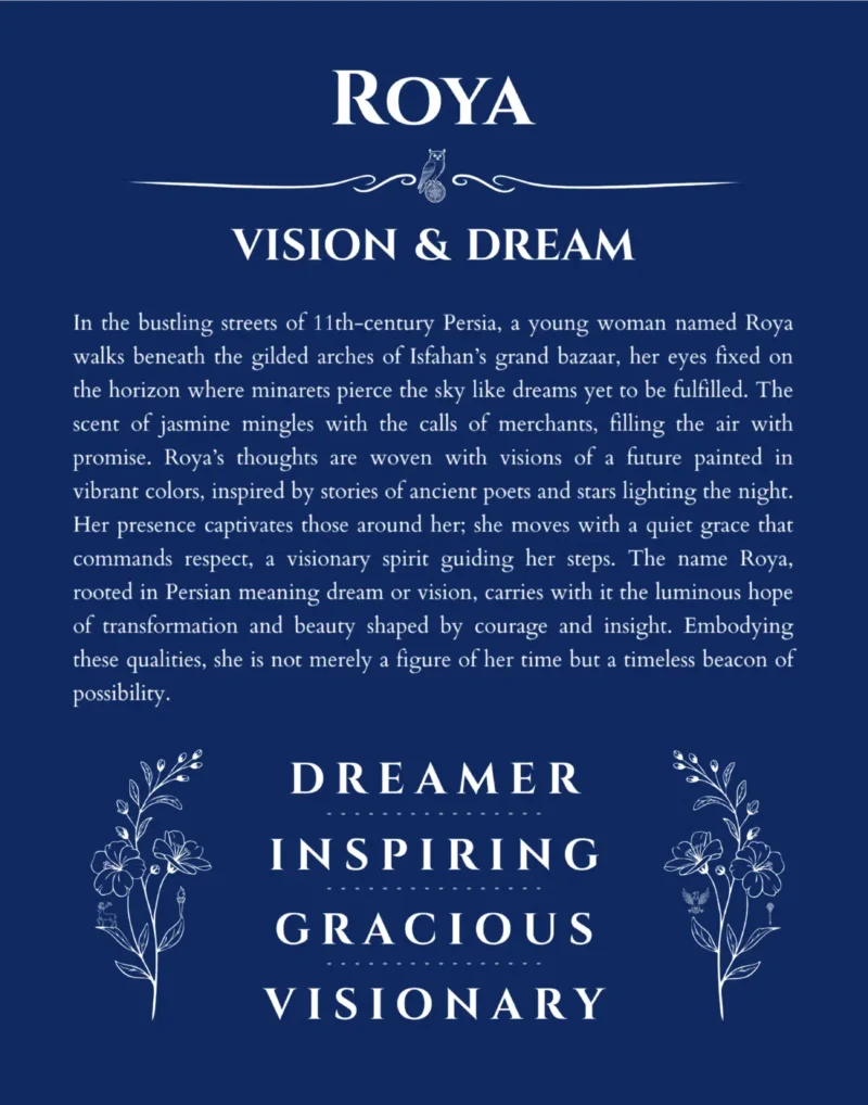 Roya name origin print with meaning and traits in deep blue