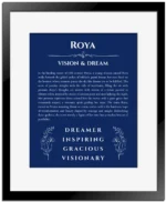 Roya name origin print with meaning and traits in deep blue with black matte frame