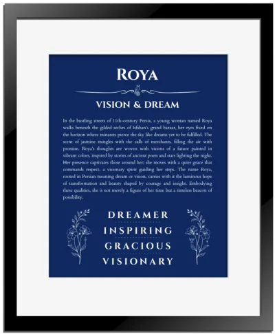 Roya name origin print with meaning and traits in deep blue with black matte frame