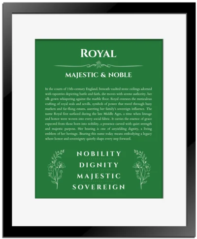 Royal name meaning wall art by Get Your Story in dark green with black matte frame
