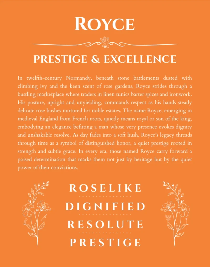 Royce personalized name art with origin story in orange