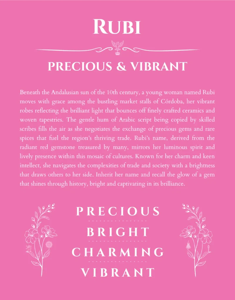 Rubi personalized name print with origin and traits in pink