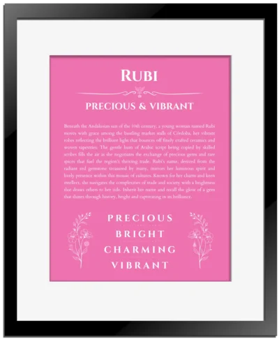 Rubi personalized name print with origin and traits in pink with black matte frame