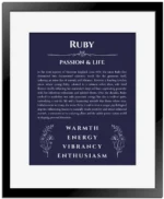 Ruby personalized wall art with the story of your name in navy blue with black matte frame