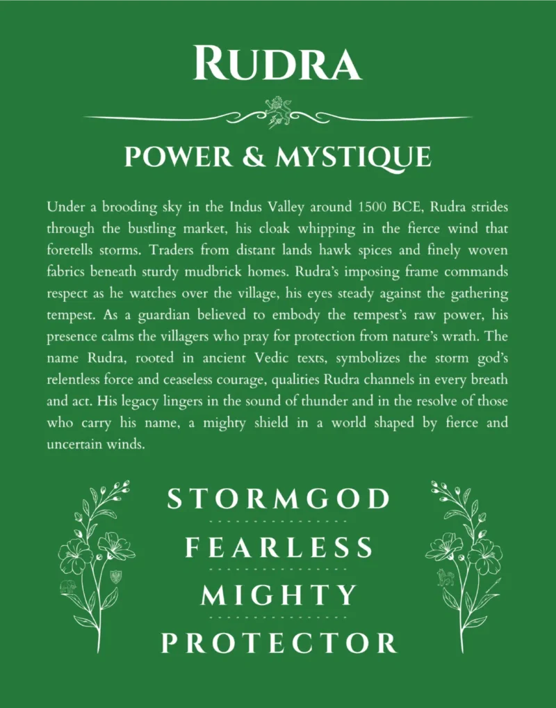 Rudra name origin print with meaning and traits in dark green