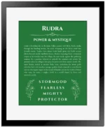 Rudra name origin print with meaning and traits in dark green with black matte frame