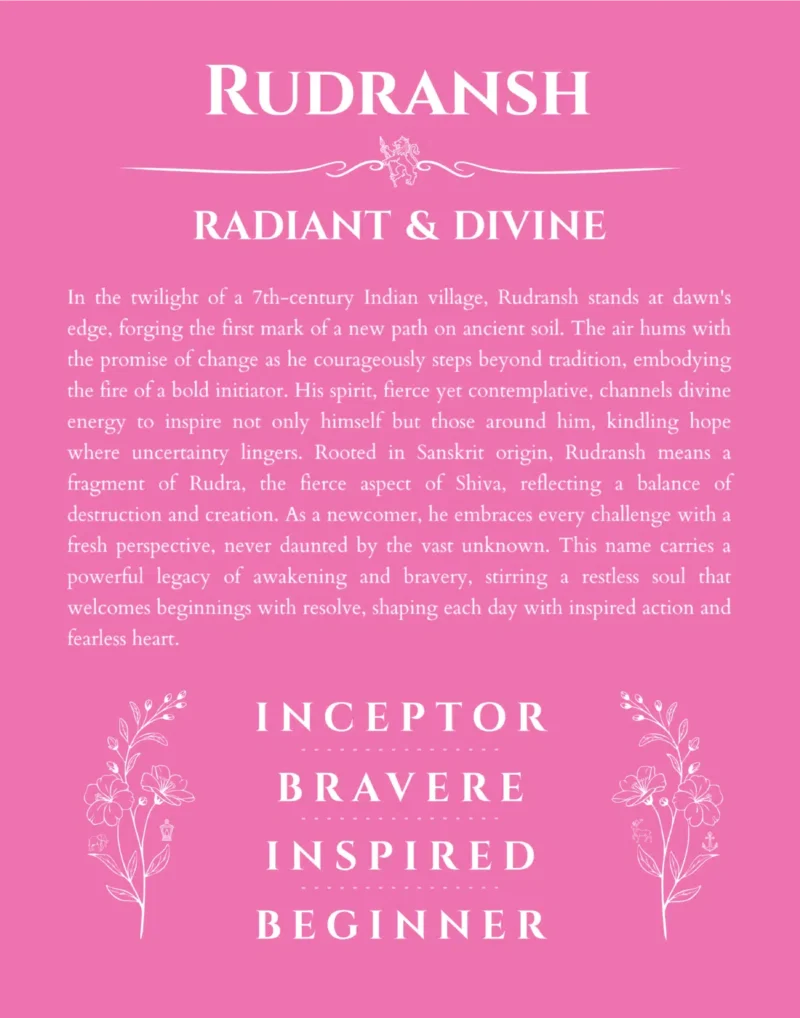 Rudransh personalized name art with origin story in pink