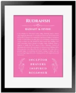 Rudransh personalized name art with origin story in pink with black matte frame