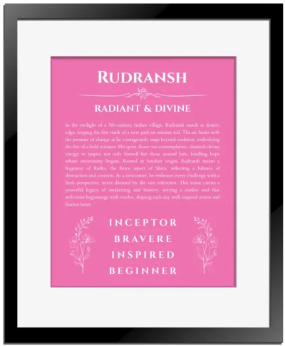 Rudransh personalized name art with origin story in pink with black matte frame