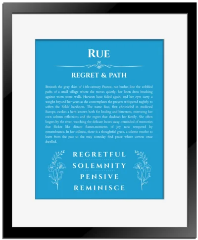 Rue name meaning gift print in blue with black matte frame
