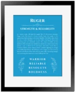 Ruger personalized name print with origin and traits in blue with black matte frame