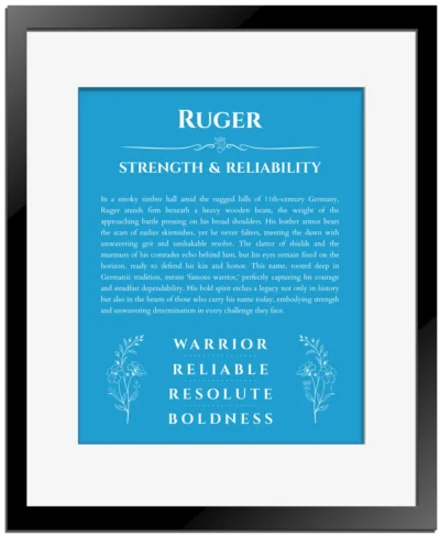 Ruger personalized name print with origin and traits in blue with black matte frame