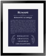Rumani personalized name art with origin story in navy blue with black matte frame