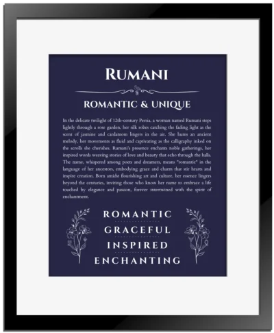 Rumani personalized name art with origin story in navy blue with black matte frame