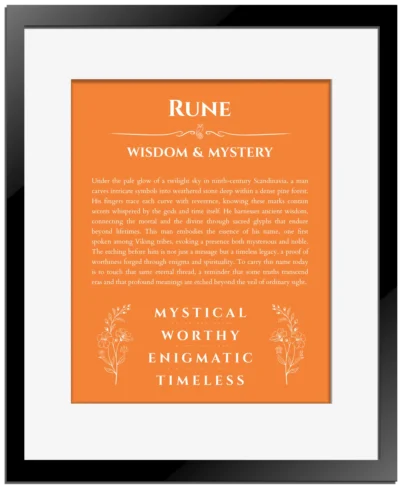 Rune personalized name meaning print in orange with black matte frame