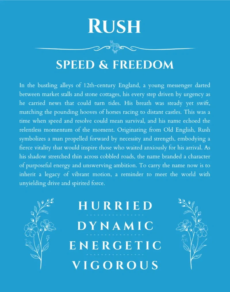 Rush name origin print with meaning and traits in blue