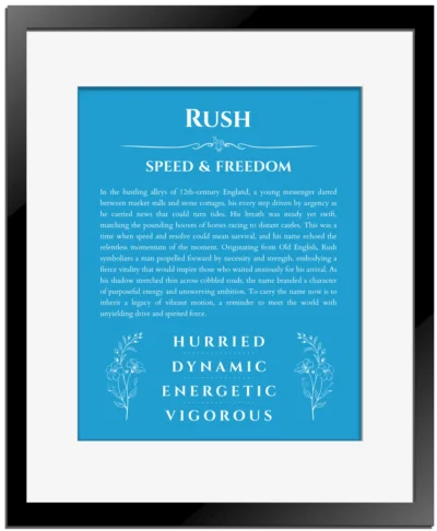 Rush name origin print with meaning and traits in blue with black matte frame