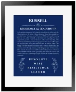 Russell personalized name art with origin story in deep blue with black matte frame