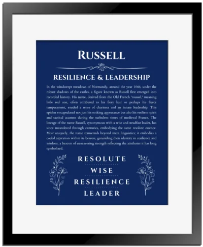 Russell personalized name art with origin story in deep blue with black matte frame