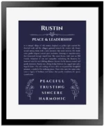 Rustin personalized wall art with the story of your name in navy blue with black matte frame