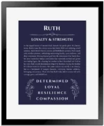 Ruth personalized name meaning print in navy blue with black matte frame