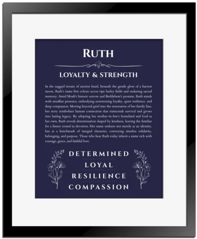 Ruth personalized name meaning print in navy blue with black matte frame