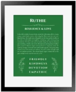 Ruthie personalized name print with origin and traits in dark green with black matte frame