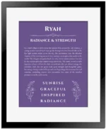 Ryah custom name meaning print in purple with black matte frame