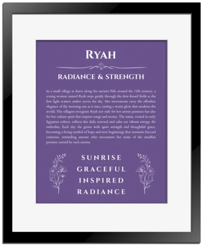 Ryah custom name meaning print in purple with black matte frame