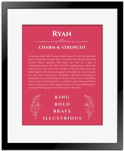 Ryan custom name meaning print in red with black matte frame