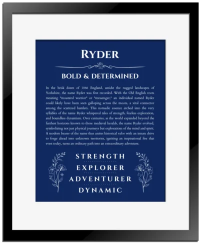 Ryder name origin print with meaning and traits in deep blue with black matte frame